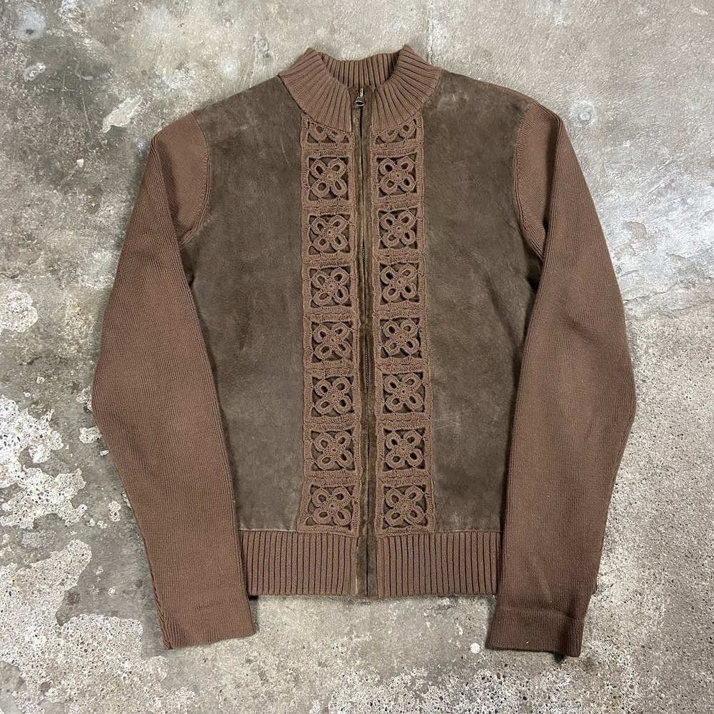 Vintage 90s Field Gear Knit Cardigan Women's Size Medium Brown Leather Full Zip